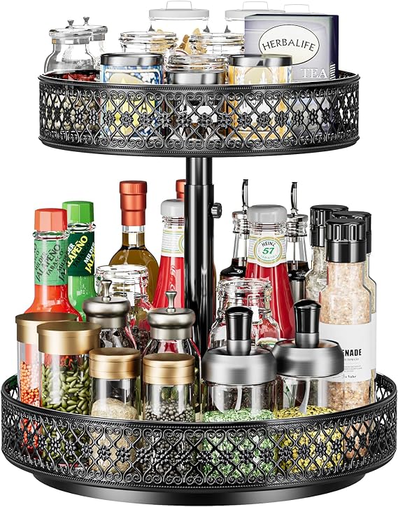 2 Tier Lazy Susan Organizer - Adjustable Rotating Spice Rack 12 inch | Floral Turntable Lazy Susan for Cabinet Pantry Kitchen Countertop Table Top Cupboard Bathroom Vanity Storage Metal Black