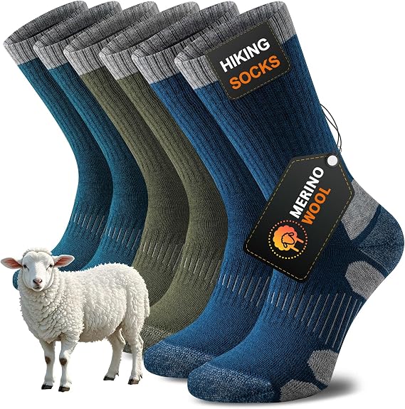 Niorasen Merino Wool Hiking Socks for Men & Women, Thick Cushioned Walking Socks, Seamless & Breathable Anti-Blister Crew Socks for Sports, Running, Outdoor, Work, Cycling, Trekking,3 Pairs Unisex