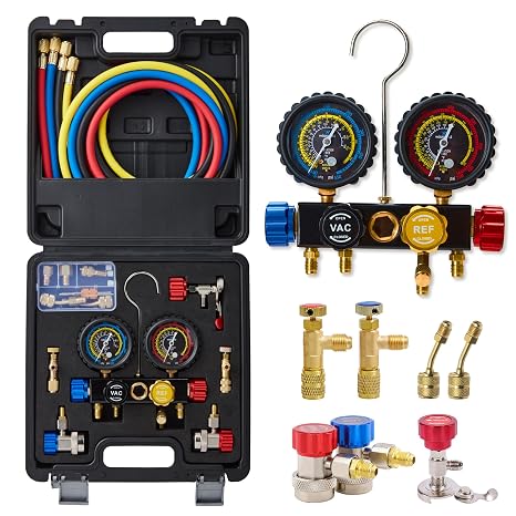 WISSCOOL HVAC Manifold Gauge Set 4-Valve for R410A, R134a and R22 | Includes 4x 5ft AC Hoses 800psi, Quick Couplers, Adapters Can Taps for Automotive and HVAC Charging