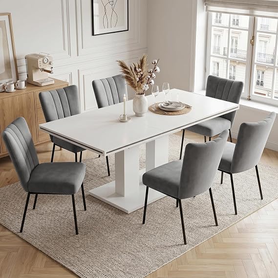 JIEXI Dining Table and Chairs Set 6, 140-180 cm Extendable Rectangular Kitchen Table with Upholstered High Back Chairs, Modern Dining Room Furniture Set for 6 People