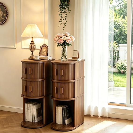 Narrow Nightstand Set of 2 with Storage, Narrow End Table for Small Spaces, Skinny Nightstand with Open Shelf, Mid-Century Modern Small Bedside Table for Bedroom, Walnut