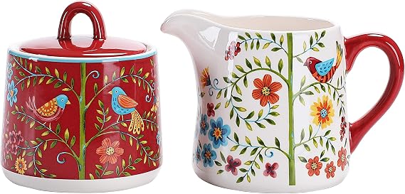 Bico Red Spring Bird Ceramic Sugar and Creamer Set, 11oz Sugar Bowl + Lid