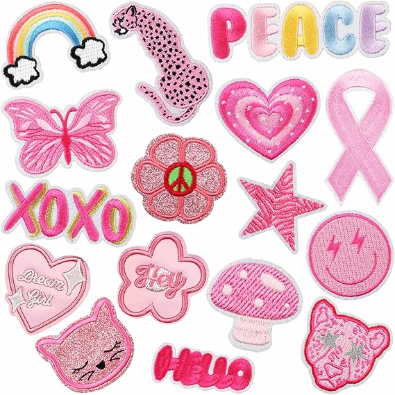 16pcs Pink Iron on Patches, Embroidered Sew Applique Repair Patch for Backpacks, Clothes, Dress, Hat, Jeans, Pant, Shoe,Bags,DIY Accessories