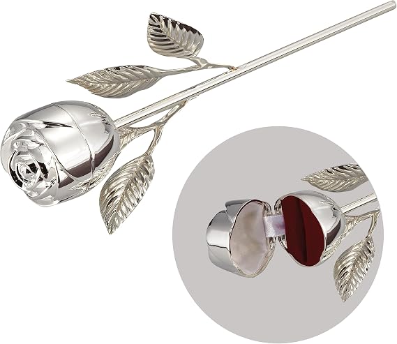 Elegance Rose Ring Holder with Long Stem, Silver