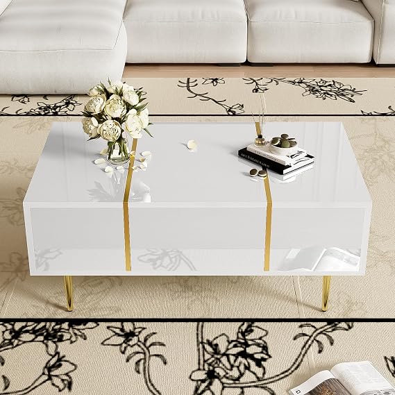 Merax Coffee Table with Storage, White High Gloss Coffee Table for Living Room, with 2 drawers, modern and simple, 100x 60x 41.5cm