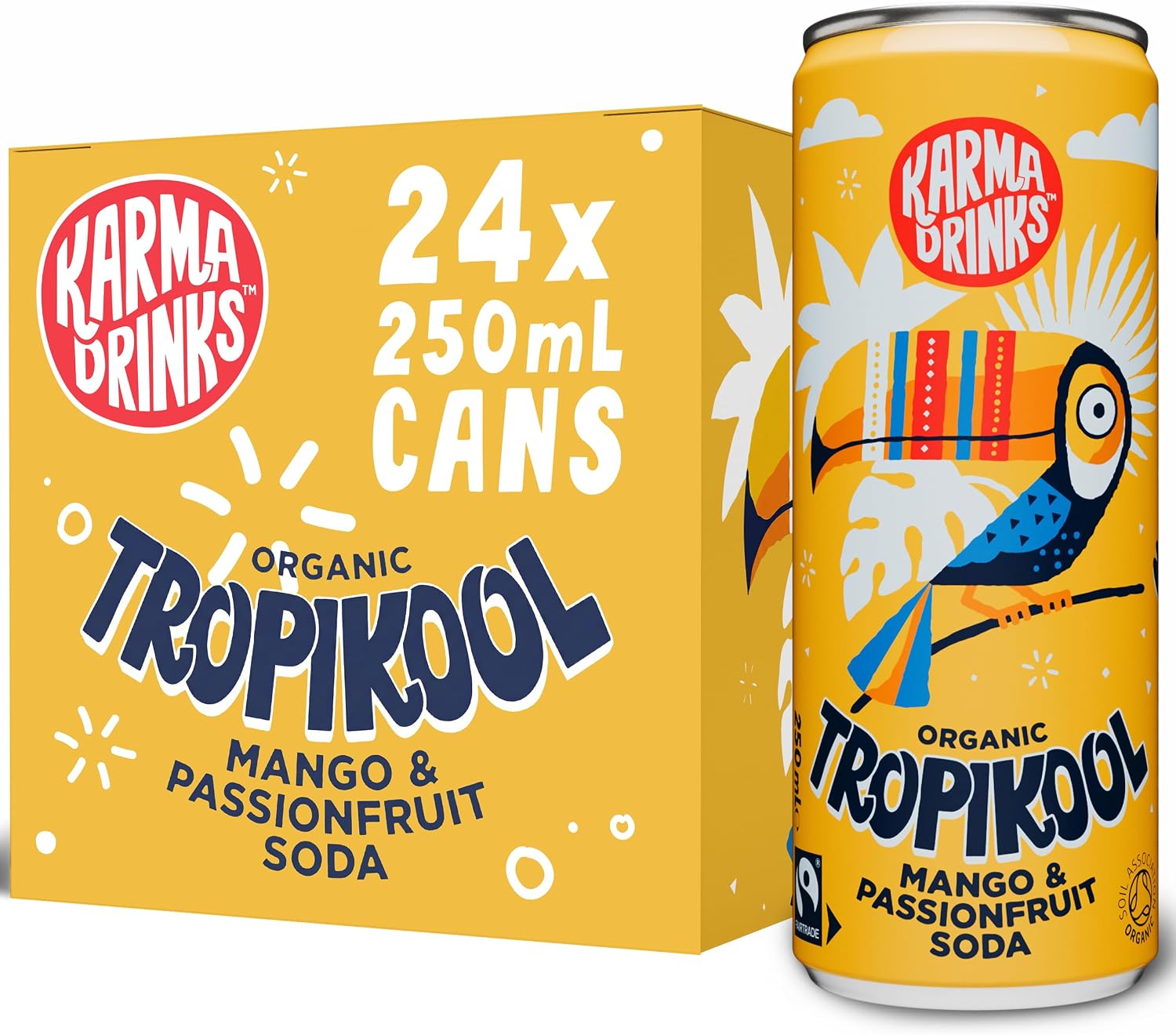 Karma Drinks Tropikool - Mango and Passionfruit Fizzy Soft Drink - 24 x 250ml Cans - Fairtrade, Organic & Vegan