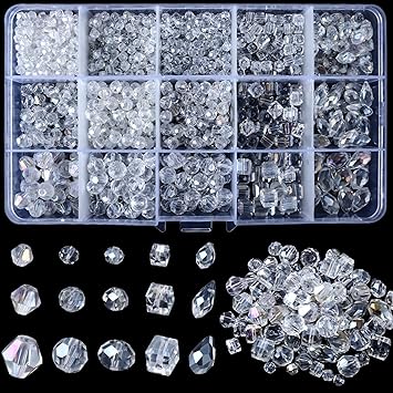 Clear Crystal Glass Beads of 5 Styles, AB Color Plated Transparent Charm Beads Assorted Loose Beads for Jewelry Making Necklaces Bracelets Crafts (Round, Bicone, Faceted, Cube, Water Drop)