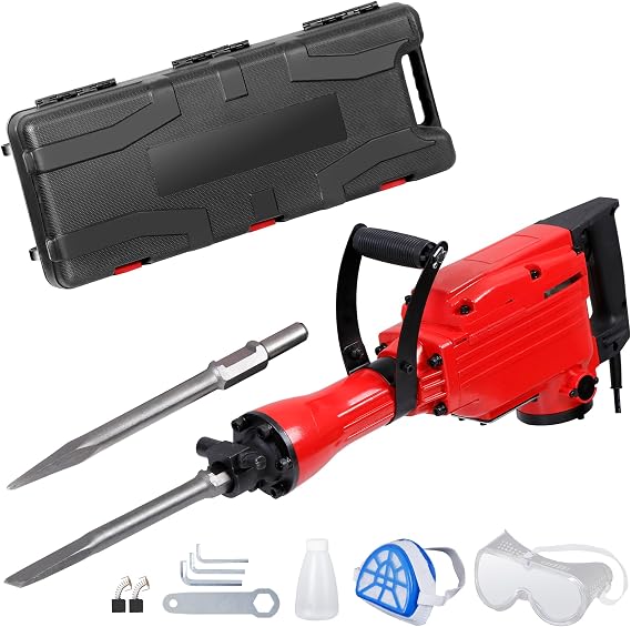 Electric Hammer Demolition Jack Hammer Drill Concrete Breaker Power Tool Kit Punch & Chisel Bits w/Case and Gloves 2200W Heavy Duty