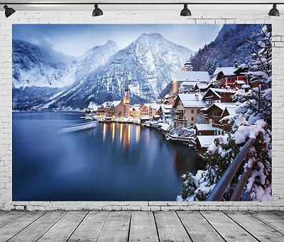CORFOTO 10x8ft Fabric Winter Mountain Village Backdrop Photography Austria Hallstatt Alps Mountain Background Austrian Winter Scenery Decoration Xmas Party Supplies Photoshoot Studio Props