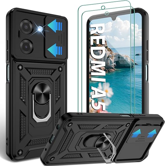 Jshru 3-in-1 for Remi A5 Phone Case,Full Lens Protective Cover Black | Military Grade Shockproof Anti-Scratch,Slide Camera Cover,Ring Kickstand/Holder/Stand,2 Pcs Screen Protector