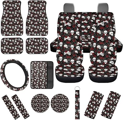 Gothic Skull Rose Auto Interior Accessories,Car Floor Mats,Universal Steering Wheel Cover Car Seat Covers Split Bench Protector Armrest Pads Full Set of 17 Pack