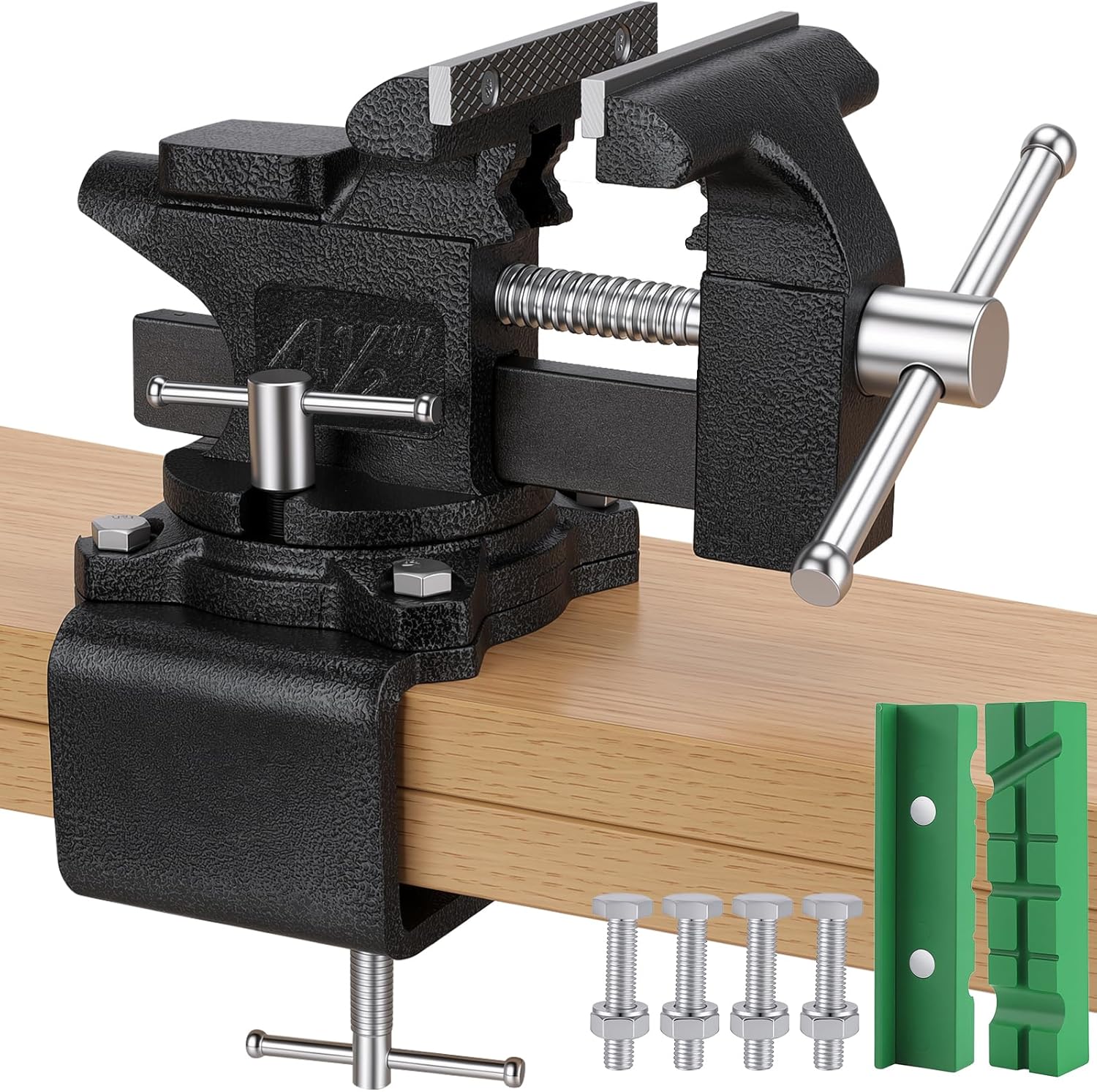 Bench Vise Table Heavy Duty Clamp Vise, 4.5 Inch Vice for Workbench, Bench-Table Vice Clamp with Green Jaw, Home Vise, Swivel Base Bench for Woodworking