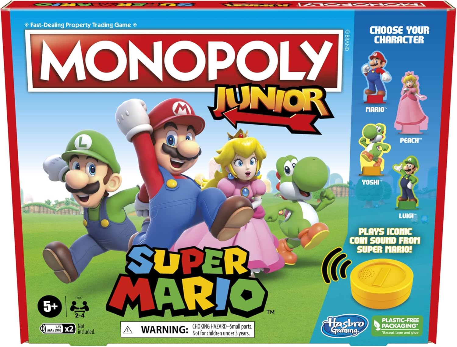 MONOPOLY Junior Super Mario Edition Board Game, Fun Kids' Game Ages 5 and Up, Explore The Mushroom Kingdom as Mario, Peach, Yoshi, or Luigi
