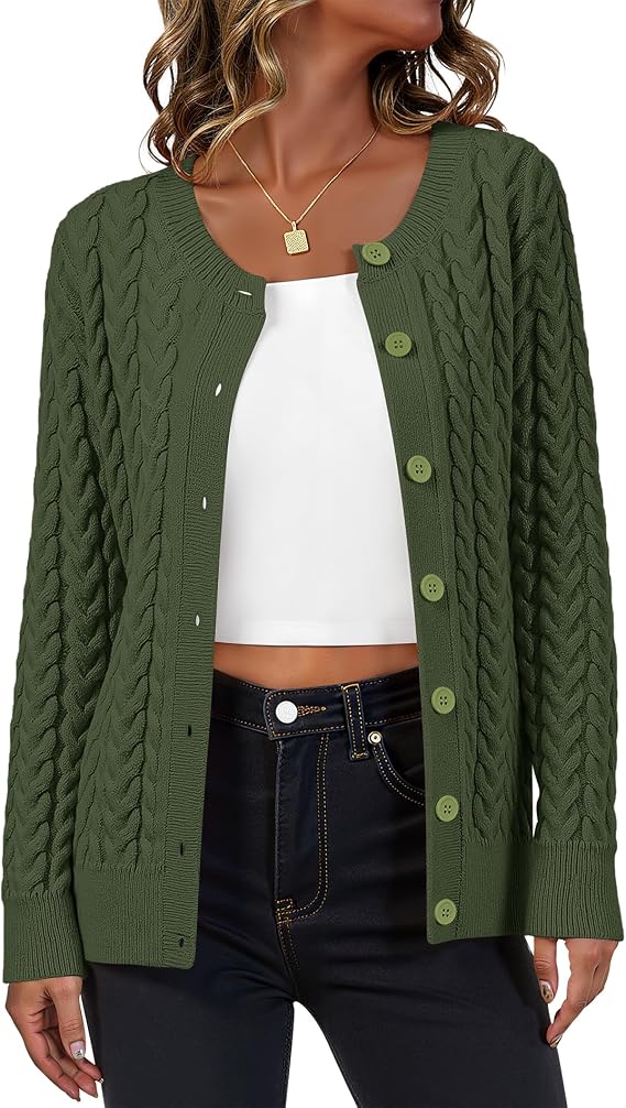 LILBETTER Womens Cable Knit Long Sleeve Crewneck Button Down Open Front Cardigan Sweater for Fall and Winter 2025
