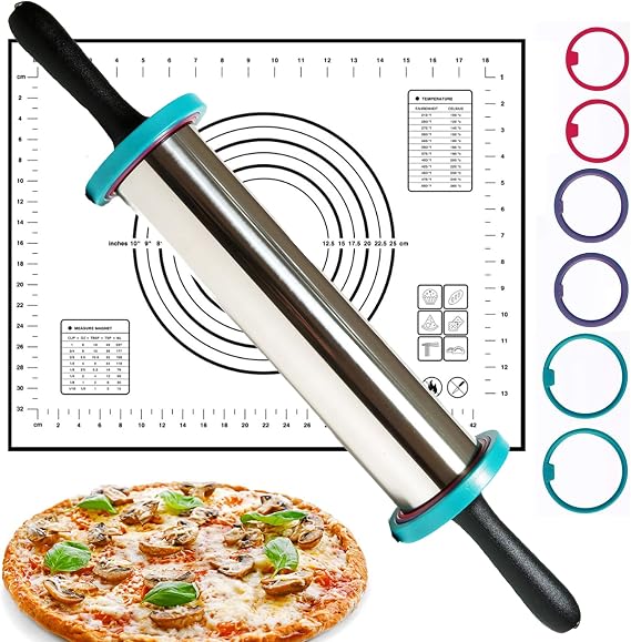 Rolling Pin Set - Adjustable Rolling Pin with Thickness Rings and Silicone Baking Mat 24"x 16", Stainless Steel Dough Roller Baking Supplies for Pizza Pastry Fondant Pie Pasta(19inch)