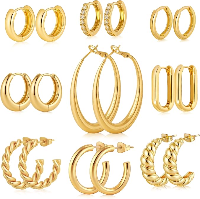 Earrings 9 Pairs 14K Gold Plated Hoop Earrings for Women Gold Twisted Hoops Earrings Jewelry for Women Gifts