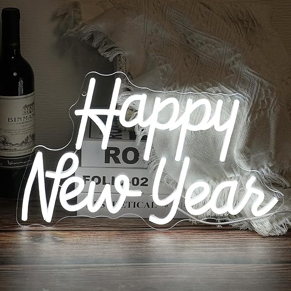 Happy New Year Neon Signs, Neon Signs For Wall Decor, White Led Signs Usb Powered, Living Room Decor, Game Room Decor, For Shop Office Bedroom Restaurant Bar Hotel Party New Year Gift(15.7x9.4in)