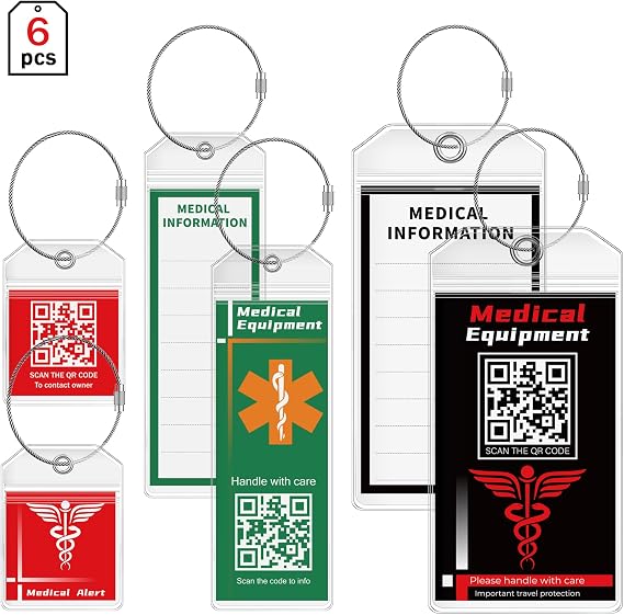 DISONCARE Medical Equipment Luggage Tag Cruise Insulin Diabetic Supplies Medic Alert Tags Replaceable Inside Label Card, Diabetic Gifts, with QR Code Save Online Medical Profile - 6 Pack