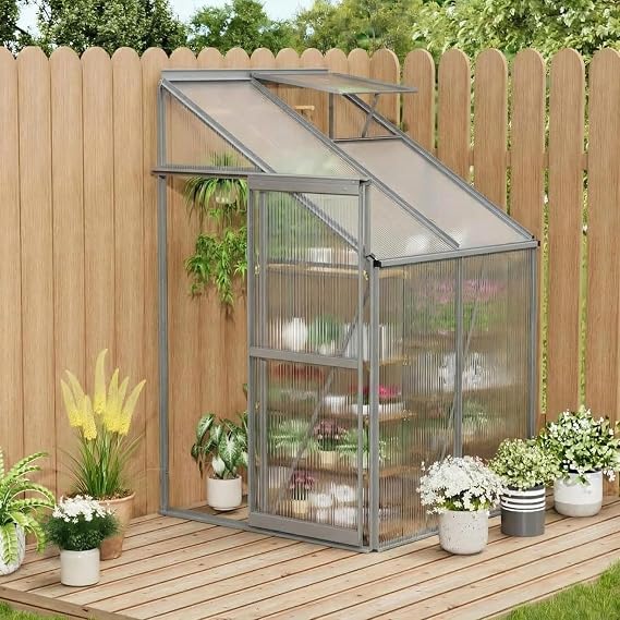 4x4 Ft Greenhouse, Lean-to Polycarbonate Greenhouse with Quick Setup Structure, Roof Vent&Sliding Door, Aluminum Walk-in Green House for Outside Garden Backyard, Patio, Lawn, Silver