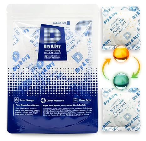 Dry & Dry 50 Gram [12 Packs] Orange Indicating Mixed Silica Gel Packets Siilca Gel Desiccant - Rechargeable Moisture Absorbers for Food Storage, Electronics, 3D Filament & Safes