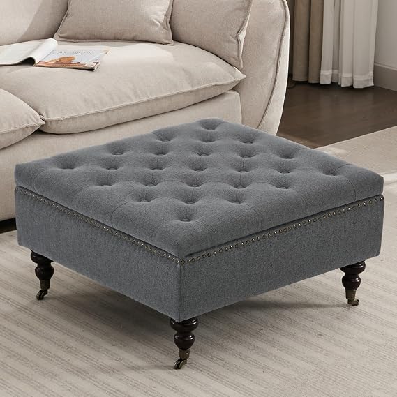 Large Square Storage Ottoman Tufed Button Coffee Table, Dark Gray