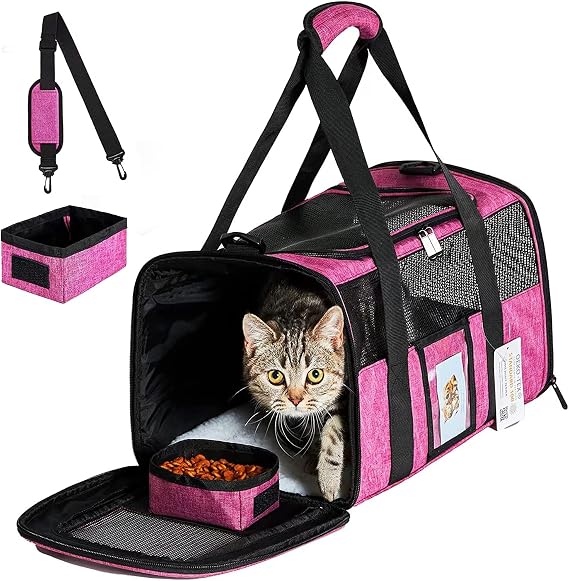 20 Inch Large Cat Carrier for Cats Up to 25 lbs, Extra Large Soft Sided Dog Travel Carrier - Collapsible, Airline Approved Size for 2 Cats with Removable Washable Mat & Food Bowl Red