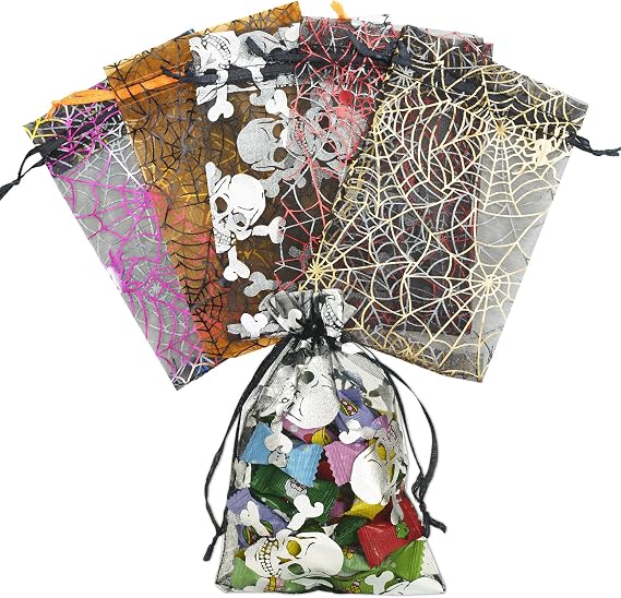 joycraft 4x6In Halloween Organza Bag - 50pcs Halloween Treat Bags with Drawstring, 5 Style Sheer Organza Party Favor Pouchs for Goody, Snacks, Chocolates, DIY Craft