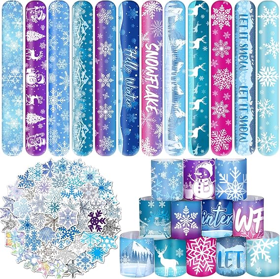 74 PC Snowflake Party Favors, 24 Slap Bracelets, 50 Stickers - Snowflake Birthday Party Decorations Supplies Gifts for Kids & Classroom Rewards