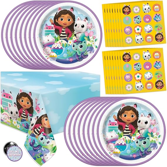 Gabby Dollhouse Birthday Decorations - Table Cloth, 16 Plates and Napkins | Officially Licensed Gabby Dollhouse Party Decorations, Paper Dinnerware Made in USA