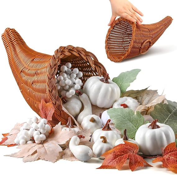 Fall Cornucopia Basket Fall Table Centerpieces 13.78'', Neutral