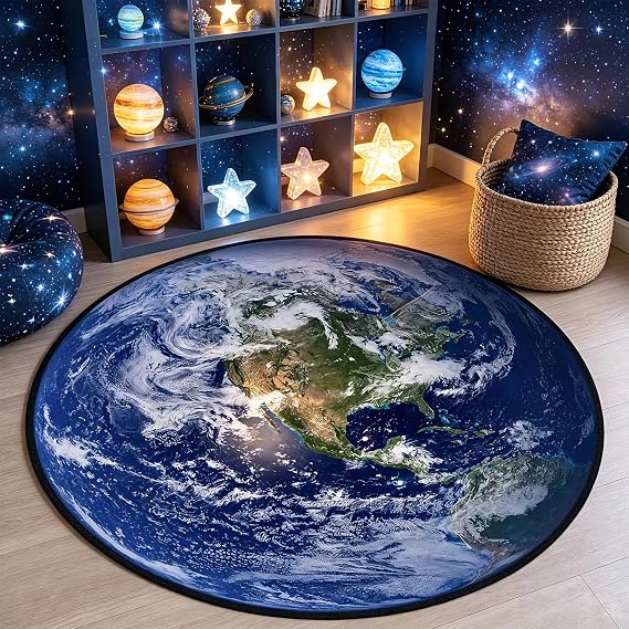 keepcute 3ft Earth Round Rug, Non-Slip Space World Circle Carpet