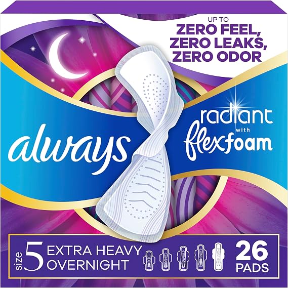 Always Radiant Feminine Pads for Women, Flexfoam Pads with Wings, Size 5, Extra Heavy Overnight Absorbency, Lightly Scented, 26 Count