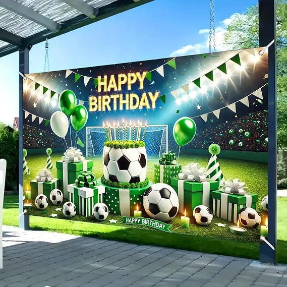 Nuxovilar 71x43" Soccer Field Happy Birthday Banner | Sporty soccer-themed birthday backdrop with balloons and trophies for fan party decor.