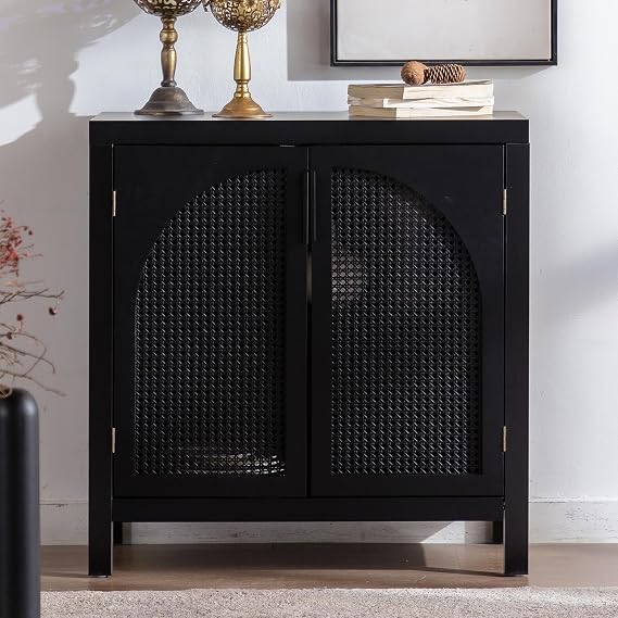 Black 28.94W Buffet Cabinet with Storage, Accent Sideboard with Rattan Doors, Coffee Bar Table Credenza, Console Table with Adjustable Shelves for Dining Room, Kitchen and Hallway
