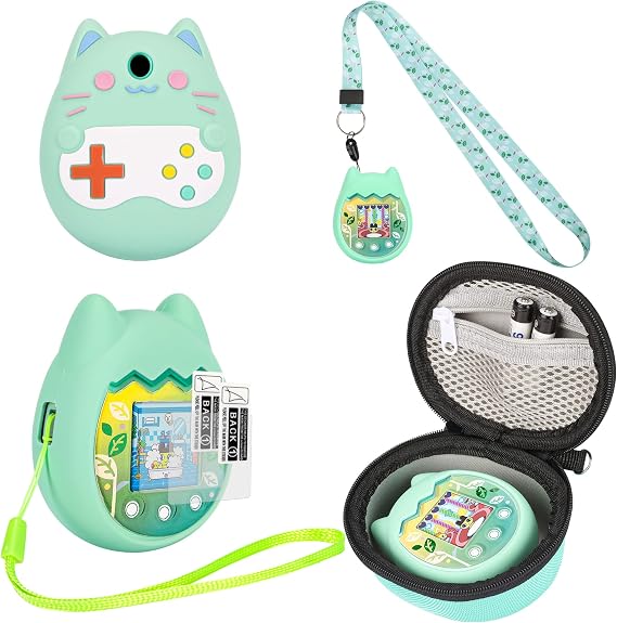 Carrying Case and Silicone Cover Compatible with Tamagotchi Pix Virtual Pet Game Machine, (5-in-1) Silicone Cover for Tamagotchi Pix, with Finger Lanyard and Screen Protector (Green)