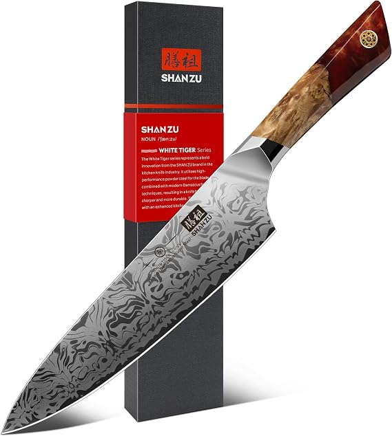 SHAN ZU Damask Kitchen Knife Chef's Knife Japanese Damascus Knife Made of SG2 Powder Steel Hand-Forged Chef's Knife Made of 91 Layers Damascus Steel 20 cm Professional Knife and Maple Handle