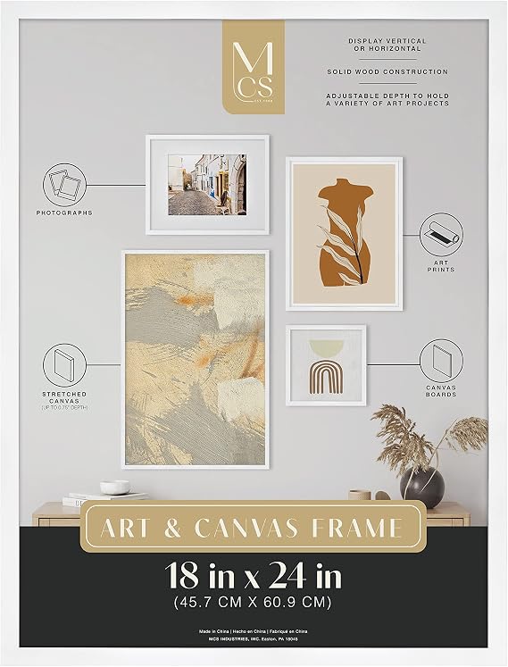 MCS Gallery Wooden Frame for Canvas, Art Boards, Photos and more, White, 18x24 Inch