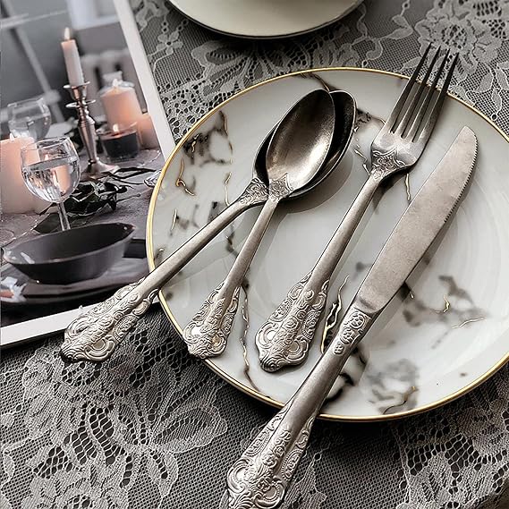 16 Piece Silverware Set Service for 4,Premium Stainless Steel Flatware Set,Stainless steel tableware, steak knife fork spoon set, vintage palace style hotel tableware,Utensil Sets for Home Restaurant