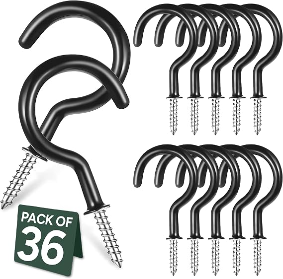 Zuvo 36 Pack Screw in Cup Hooks, Black Vinyl Coated, for Wood and Outdoor