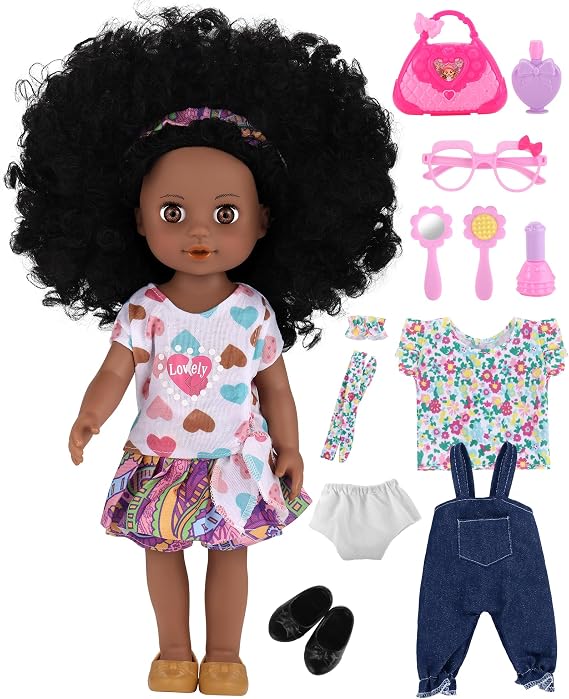 GAGAKU Black Doll for Girls, 14" Black Baby Dolls Set for Toddlers Kids 3 4 5 6 Years Old, Girl Baby Dolls with Natural Hair, Doll Accessories Included