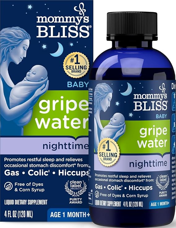 Mommy's Bliss, Bottle, Mommy's Bliss Night Time Gripe Water for Baby's Tummy Trouble - Relieves Occasional Infant Stomach Discomfort from Gas, Colic, Fussiness, Hiccups , 4 Fl Oz