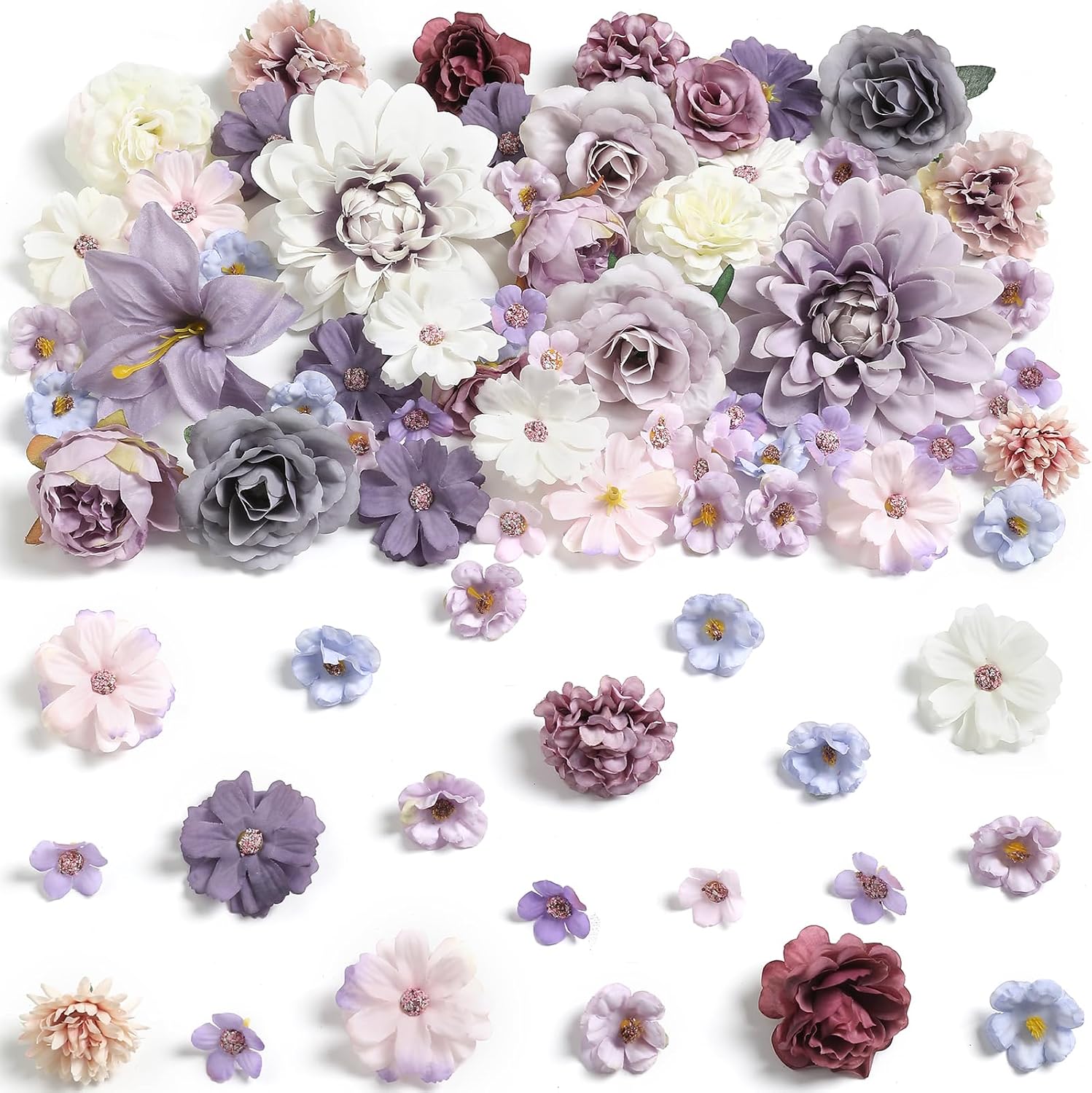 Fake Flower Heads Mini Artificial Flower Purple Faux Dahlia Rose Flowers for Crafts Cake Blossom Wreath Garland Bouquets for Wedding Bridal Party Baby Shower Graduation Season Home Decor