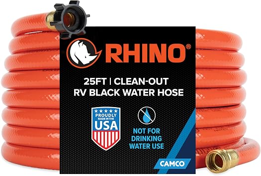 Camco Rhino 25-Ft Clean-Out Camper/RV Black Water Hose - Features a Heavy-Duty PVC Design & Bright Orange Color - Clean-Out Camper Black Water, Grey Water or Tote Tanks - 5/8 Inside Diameter (22990)