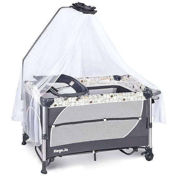 Heyo.Ja Double Layer Baby Portable Playard, 5 Height Adjustable Crib,Changing Table, Foldable Bassinet Bed with Luxury Mosquito Net,Toys Bag,Wheels & Brake, Game Entrance for Boys Girls(Grey)