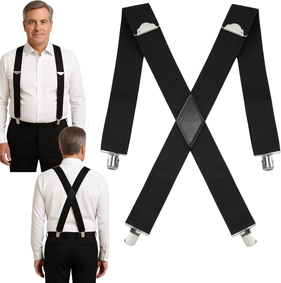 Classic Men's Suspender: 2 Inch Wide, Sturdy Clips, X-Back, Adjustable Elastic Work Suspenders Solid Color