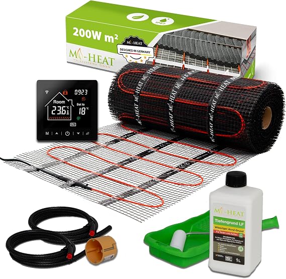 Mi-Heat Electric Underfloor Heating 200 W/m² 9.0 m² Set - Floor Heating Mat Balancing Compound - for Tiles, Vinyl, Parquet & Laminate - Includes Thermostat M2 WiFi Black