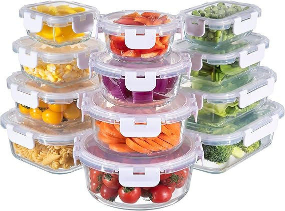 MFY 12-Pack Glass Containers with Lids, Reusable Meal Prep Containers, Leak-Proof, Airtight Glass Food Storage Containers with Lids, Safe for Microwave, Oven, Freezer, and Dishwasher White