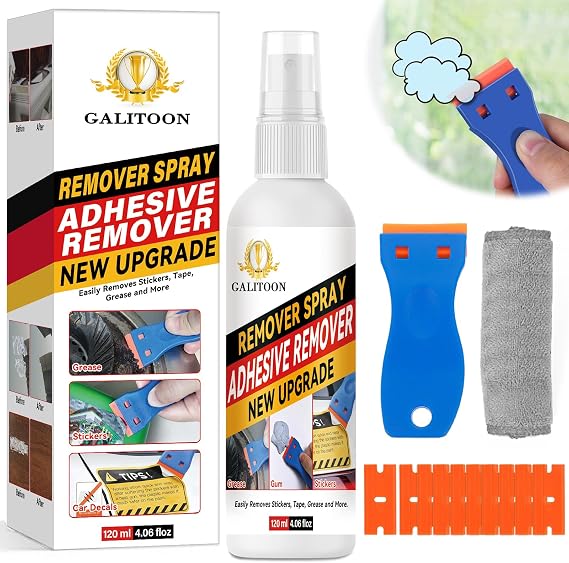 Adhesive Remover, Surface-Safe Glue Remover with Plastic Scraper, Sticker Remover for Easy Removal of Stickers, Labels, Decals, Tape Residue, Gum, Tar, Grease (120)