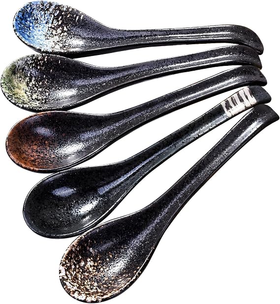 Porcelain Ramen Spoon Set of 5, 7'' Long Handle Asian Soup Spoons