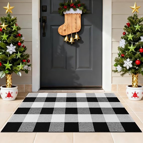 2x3Ft Buffalo Plaid Outdoor Rug, Black and White, Machine Washable | Cotton Checkered Layering Mat, Woven, Reversible, Under Doormat or Standalone Rug, for Entryway Patio Kitchen Farmhouse Decor
